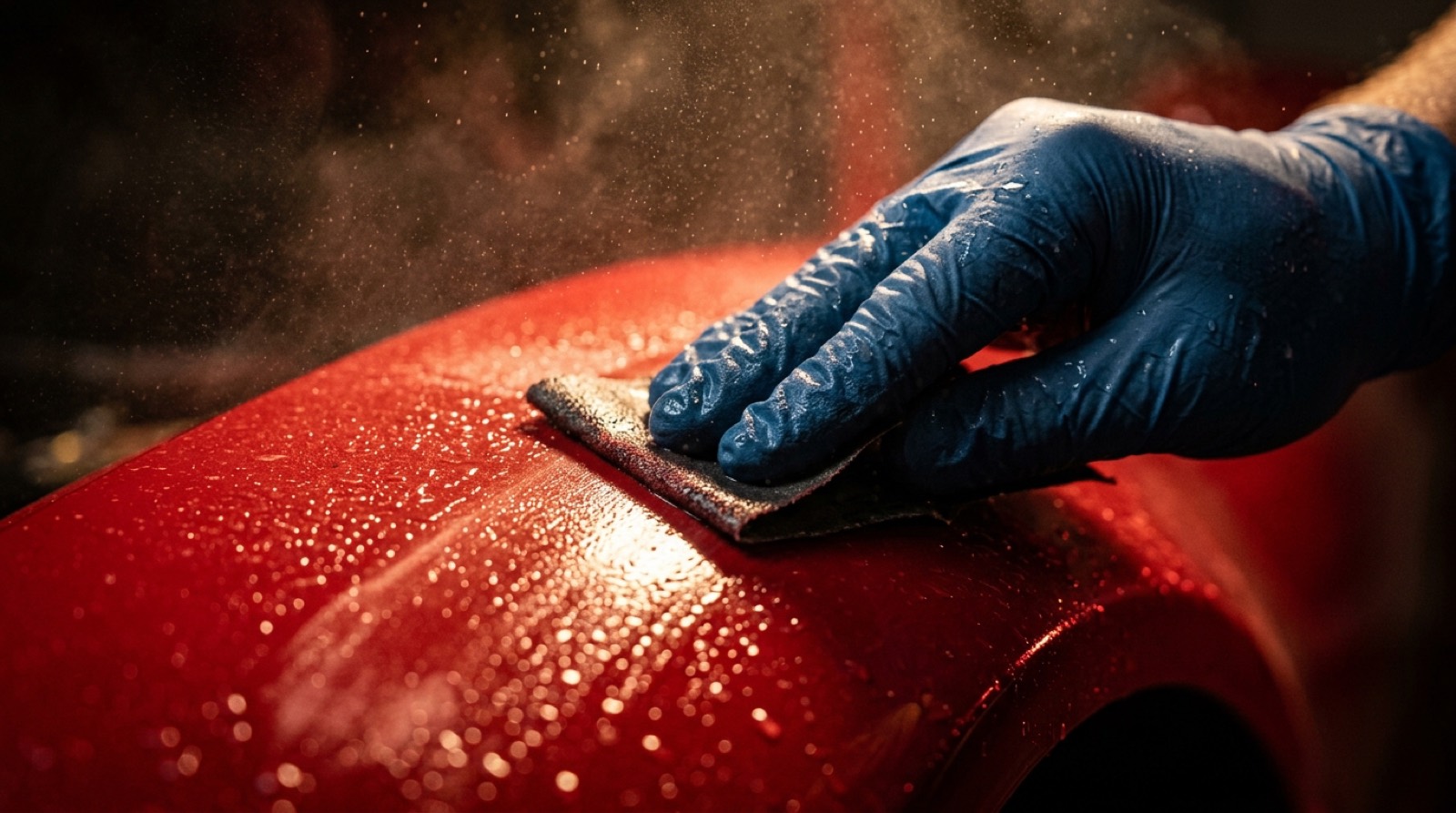 Gloved hand wet-sanding a red automotive panel
