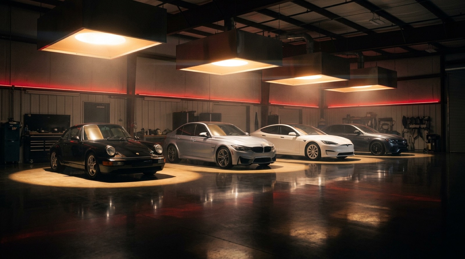 Porsche, BMW, Tesla and Mercedes-AMG lined up under booth lights inside Western Ave Auto Body