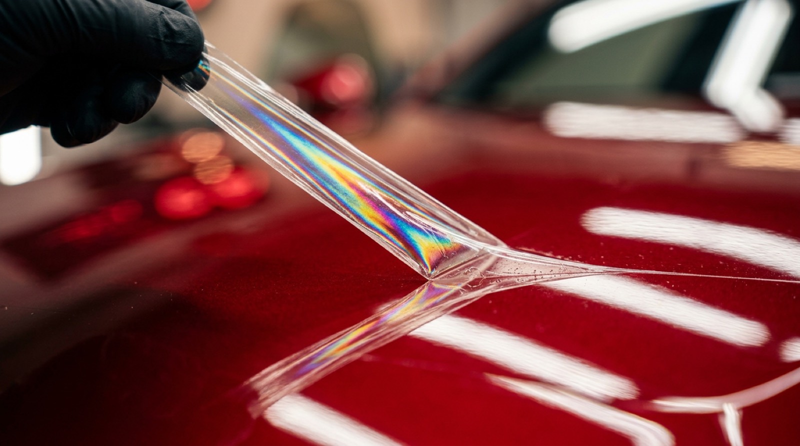 Translucent paint protection film peeling from a deep red car panel, prismatic shimmer on the lifting edge