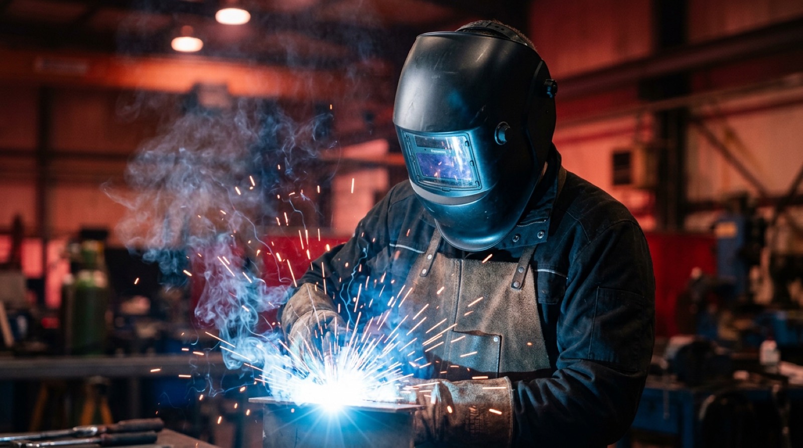 Western Ave Auto Body technician welding, blue arc light against crimson shop ambient